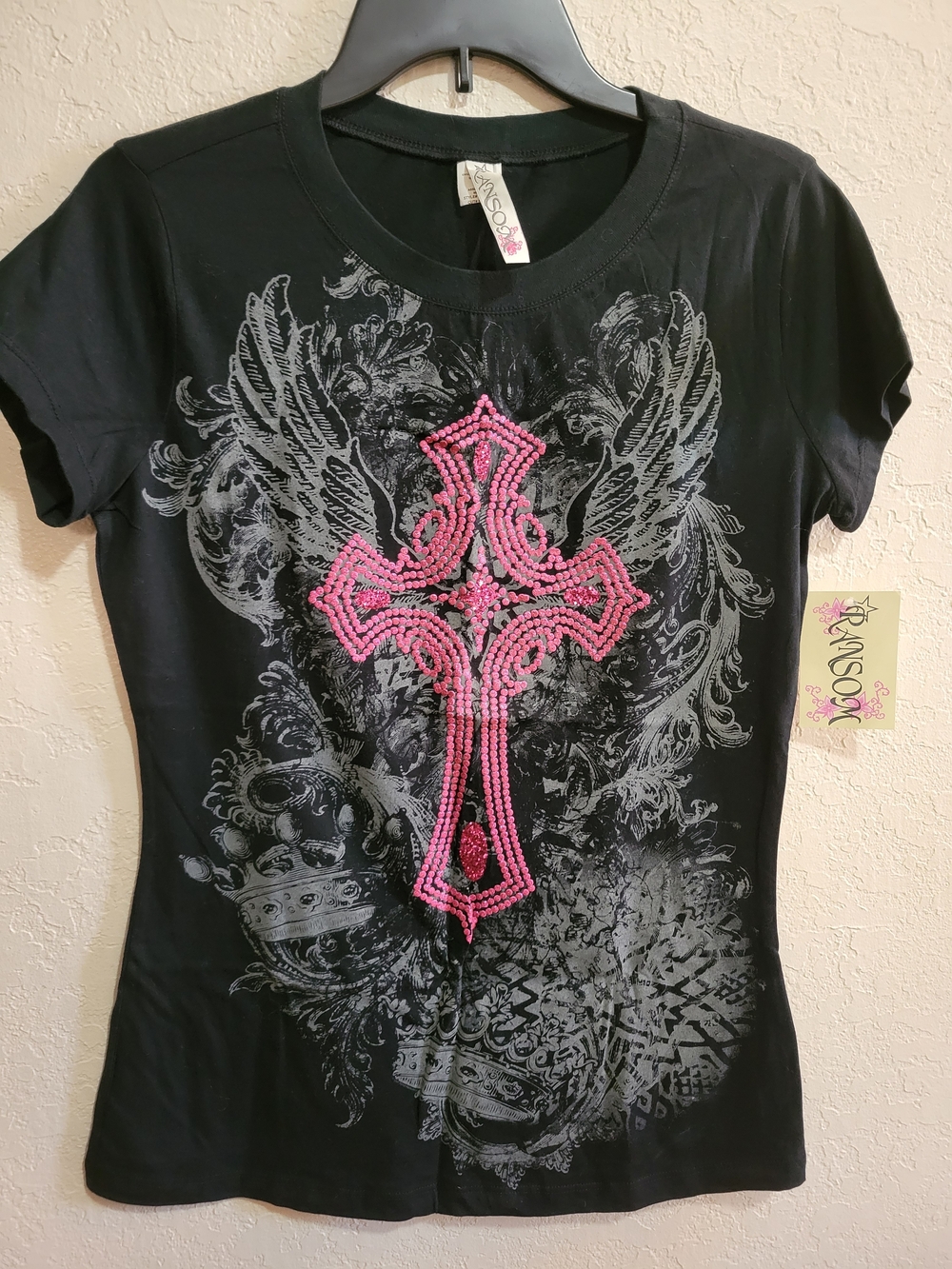 Womens/Junior Black Graphic Tee with Pink Beaded Cross - No Boundaries